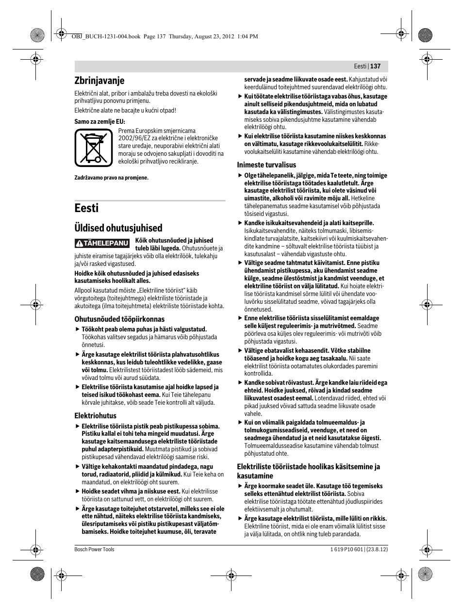 Eesti, Zbrinjavanje, Üldised ohutusjuhised | Bosch GST 90 E Professional User Manual | Page 137 / 178