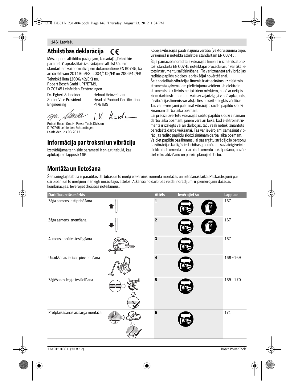 Atbilstības deklarācija, Informācija par troksni un vibrāciju, Montāža un lietošana | Bosch GST 90 E Professional User Manual | Page 146 / 178