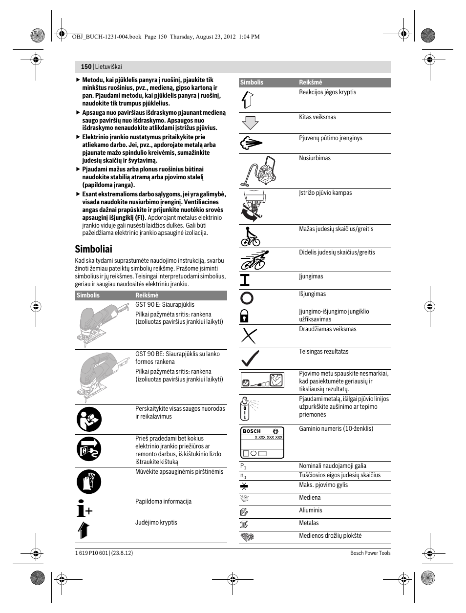 Simboliai | Bosch GST 90 E Professional User Manual | Page 150 / 178