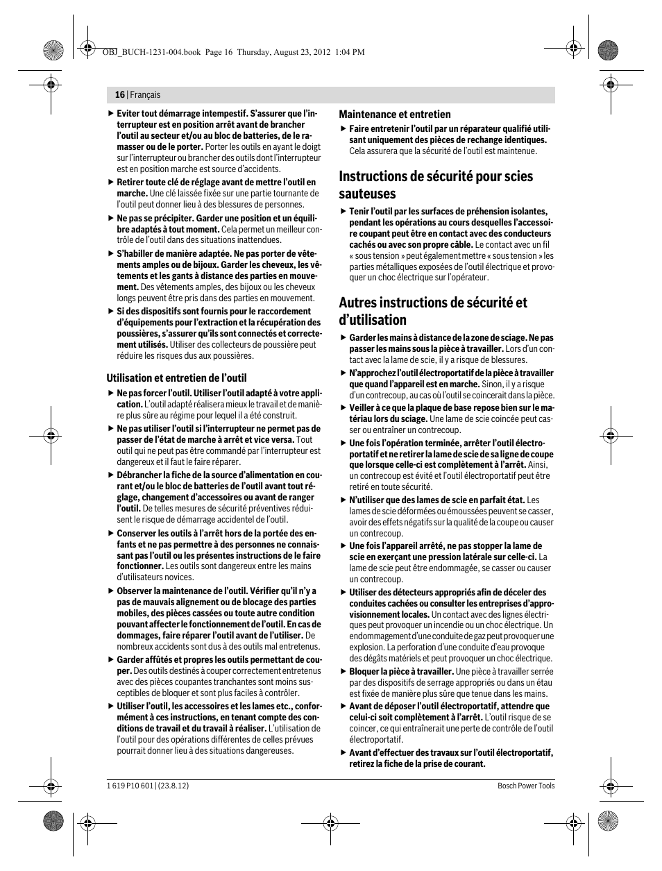 Instructions de sécurité pour scies sauteuses, Autres instructions de sécurité et d’utilisation | Bosch GST 90 E Professional User Manual | Page 16 / 178