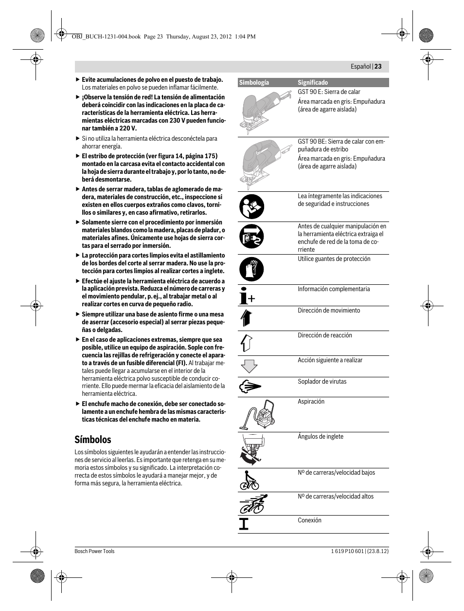 Símbolos | Bosch GST 90 E Professional User Manual | Page 23 / 178