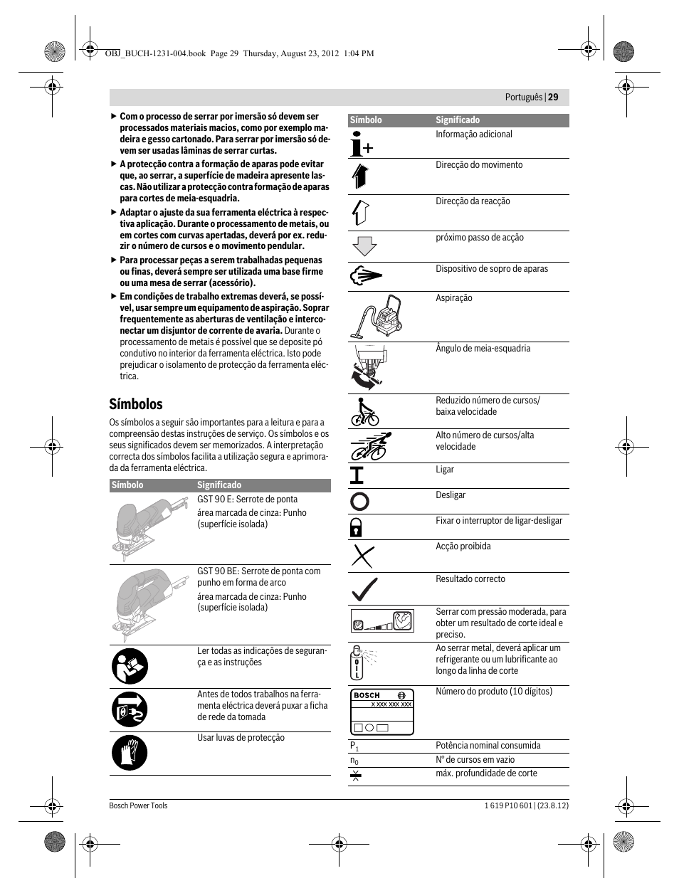 Símbolos | Bosch GST 90 E Professional User Manual | Page 29 / 178