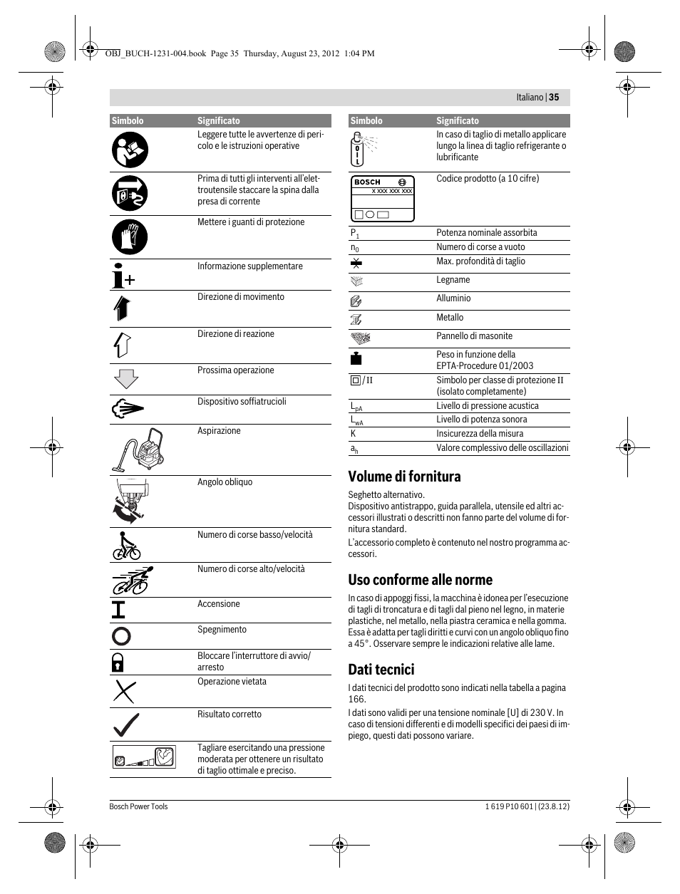 Volume di fornitura, Uso conforme alle norme, Dati tecnici | Bosch GST 90 E Professional User Manual | Page 35 / 178