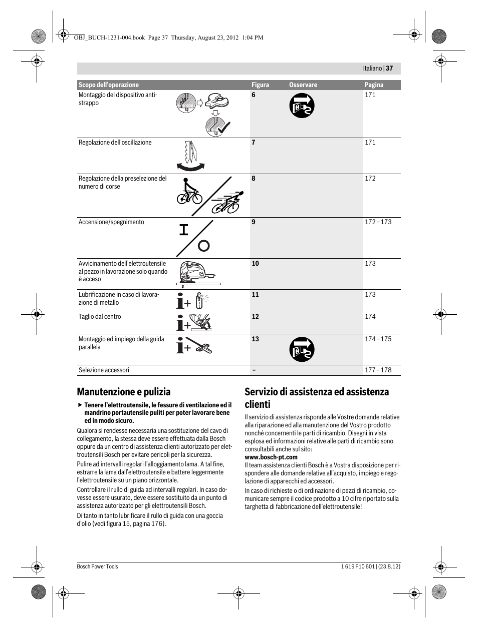 Manutenzione e pulizia, Servizio di assistenza ed assistenza clienti | Bosch GST 90 E Professional User Manual | Page 37 / 178