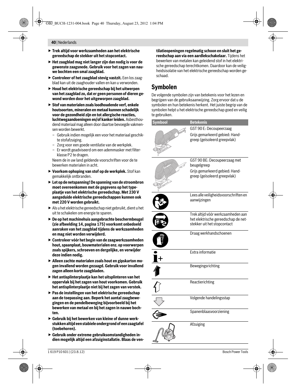 Symbolen | Bosch GST 90 E Professional User Manual | Page 40 / 178