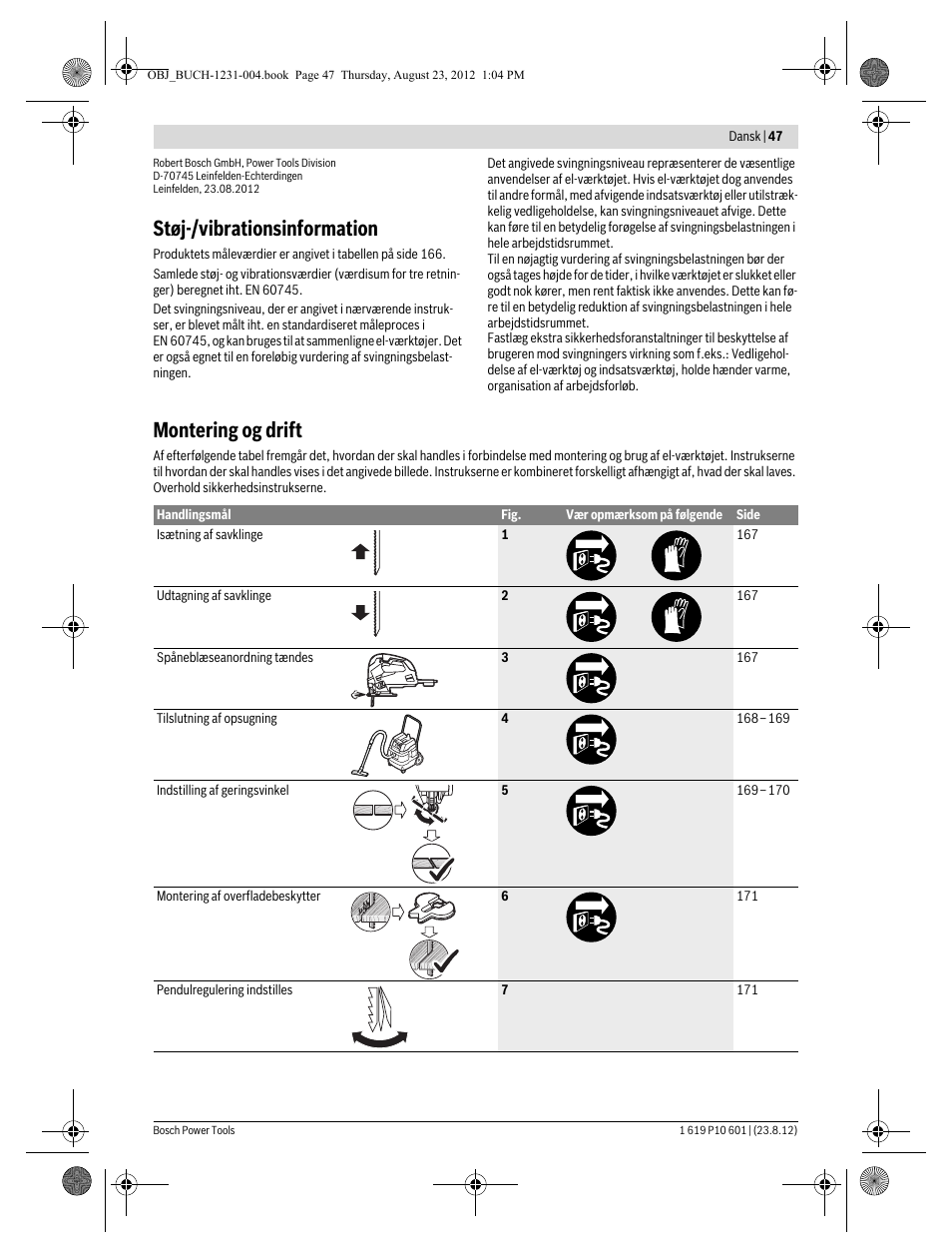 Støj-/vibrationsinformation, Montering og drift | Bosch GST 90 E Professional User Manual | Page 47 / 178