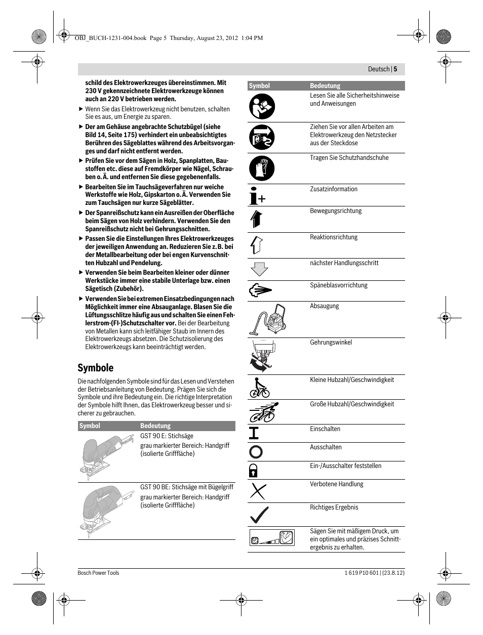 Symbole | Bosch GST 90 E Professional User Manual | Page 5 / 178