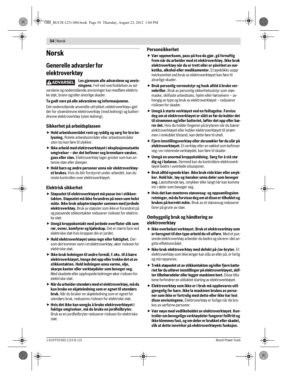 Norsk, Generelle advarsler for elektroverktøy | Bosch GST 90 E Professional User Manual | Page 54 / 178