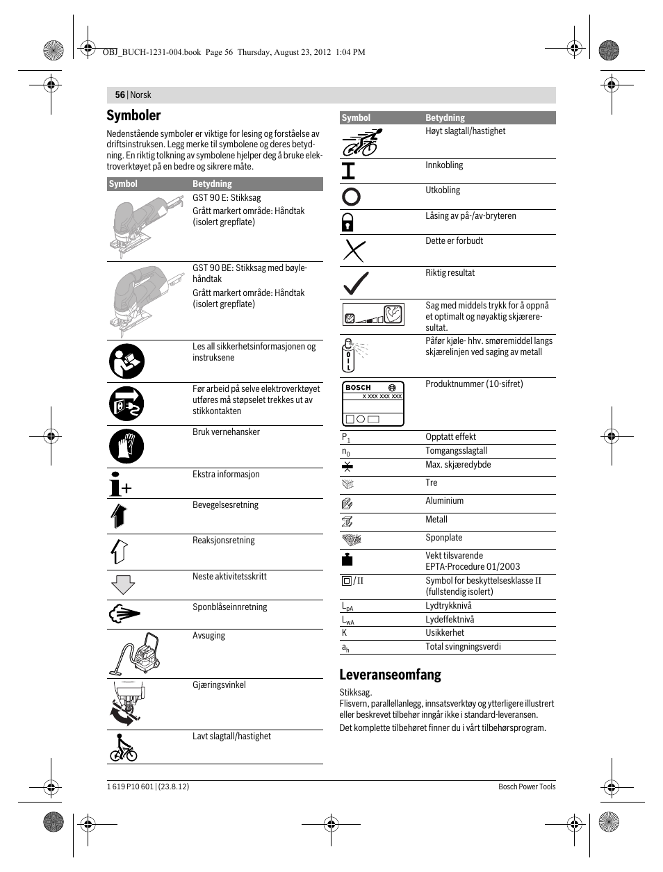 Symboler, Leveranseomfang | Bosch GST 90 E Professional User Manual | Page 56 / 178