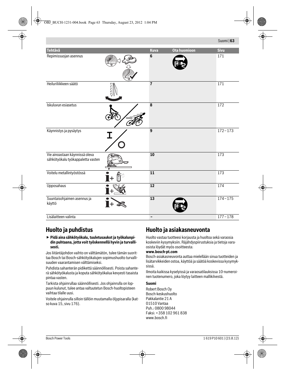 Huolto ja puhdistus, Huolto ja asiakasneuvonta | Bosch GST 90 E Professional User Manual | Page 63 / 178