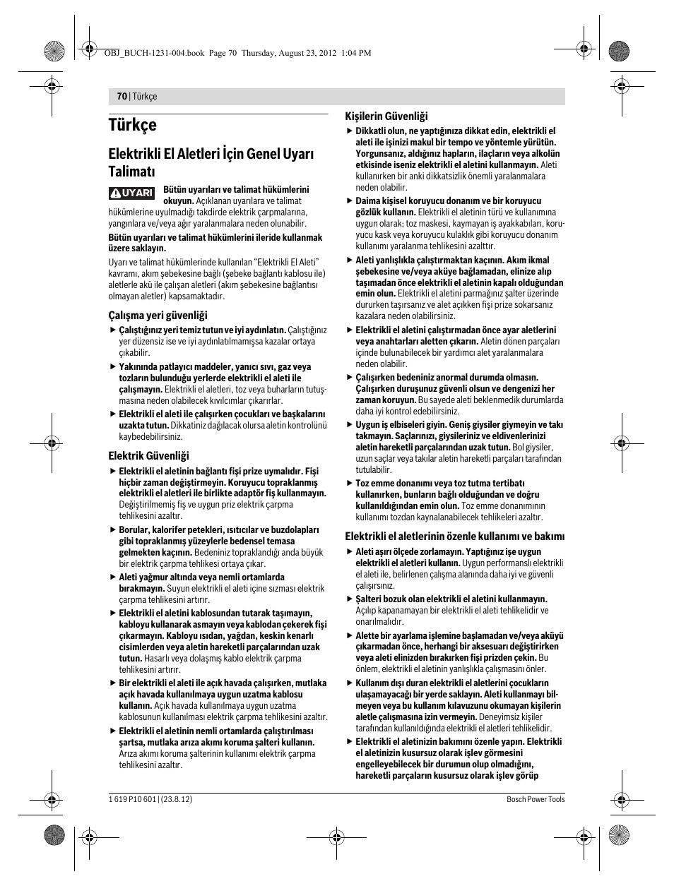 Türkçe, Elektrikli el aletleri için genel uyar talimat | Bosch GST 90 E Professional User Manual | Page 70 / 178