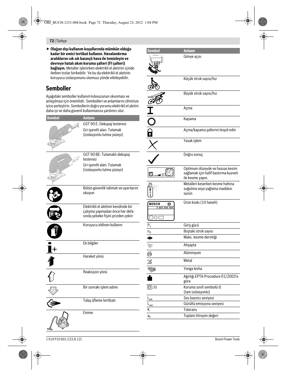 Semboller | Bosch GST 90 E Professional User Manual | Page 72 / 178