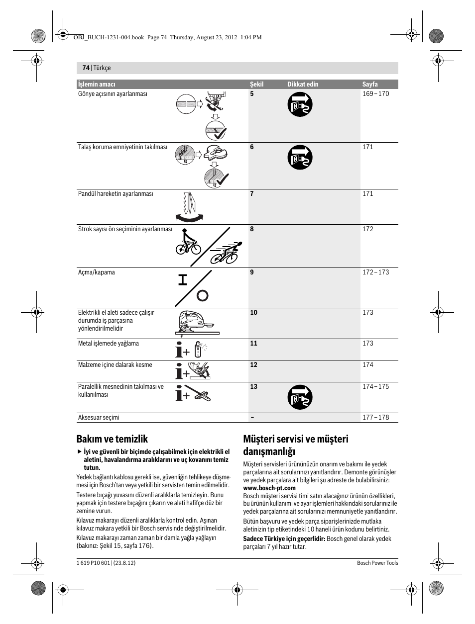 Bak m ve temizlik, Müşteri servisi ve müşteri dan şmanl ğ | Bosch GST 90 E Professional User Manual | Page 74 / 178