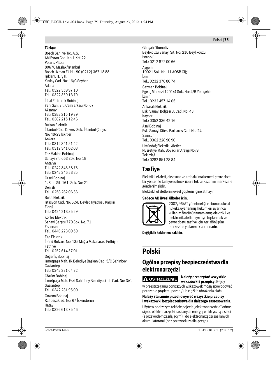 Polski, Tasfiye, Ogólne przepisy bezpieczeństwa dla elektronarzędzi | Bosch GST 90 E Professional User Manual | Page 75 / 178