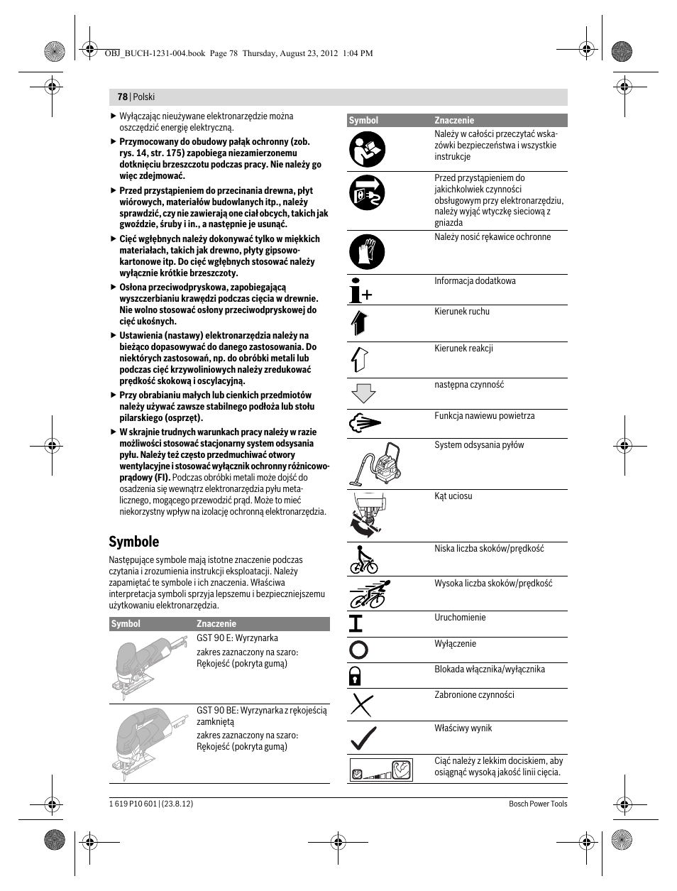 Symbole | Bosch GST 90 E Professional User Manual | Page 78 / 178