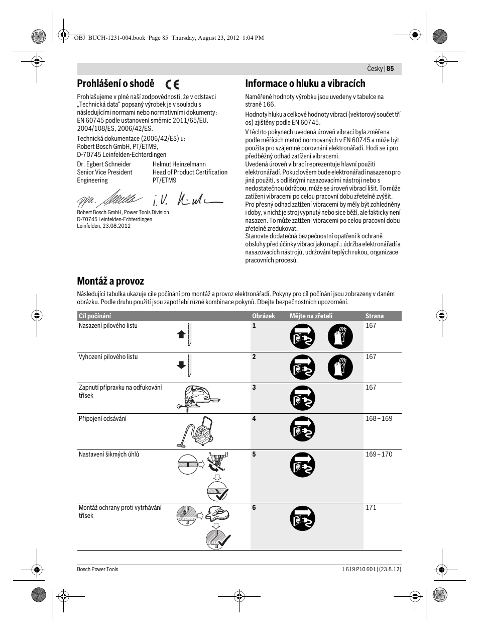 Prohlášení o shodě, Informace o hluku a vibracích, Montáž a provoz | Bosch GST 90 E Professional User Manual | Page 85 / 178