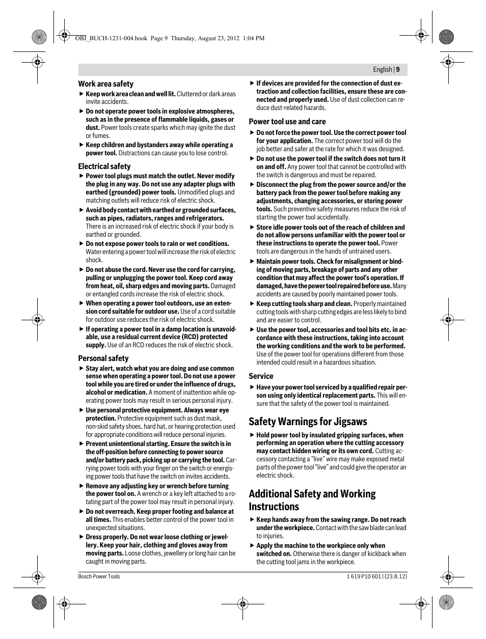 Safety warnings for jigsaws, Additional safety and working instructions | Bosch GST 90 E Professional User Manual | Page 9 / 178