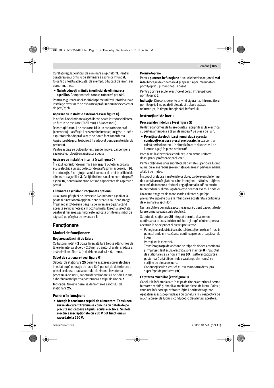 Funcţionare | Bosch GHO 26-82 Professional User Manual | Page 105 / 142