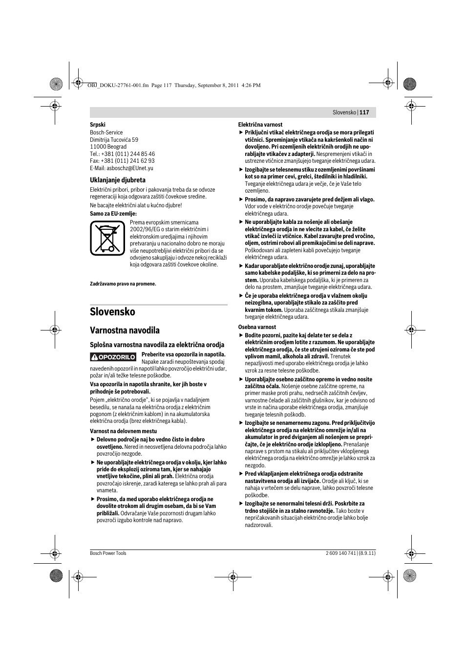 Slovensko, Varnostna navodila | Bosch GHO 26-82 Professional User Manual | Page 117 / 142