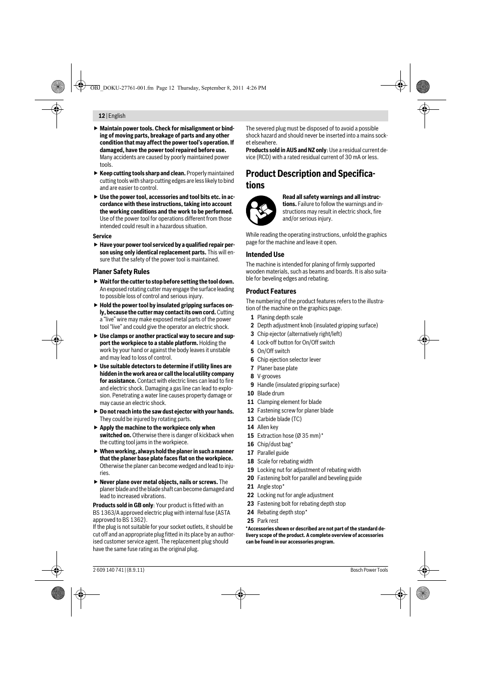 Product description and specifica- tions | Bosch GHO 26-82 Professional User Manual | Page 12 / 142