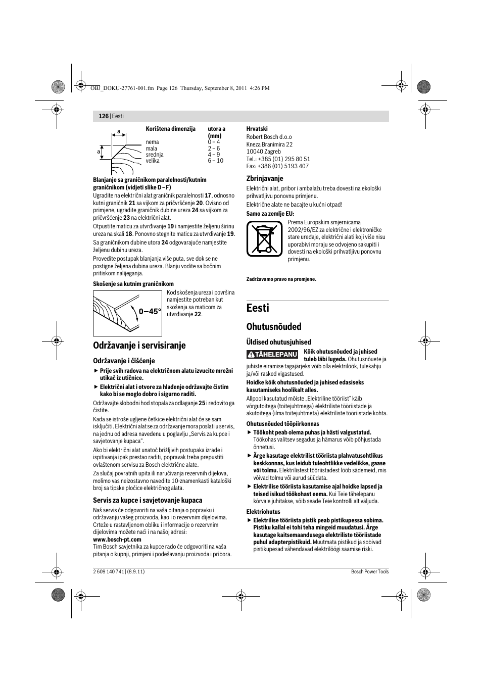 Eesti, Održavanje i servisiranje, Ohutusnõuded | Bosch GHO 26-82 Professional User Manual | Page 126 / 142