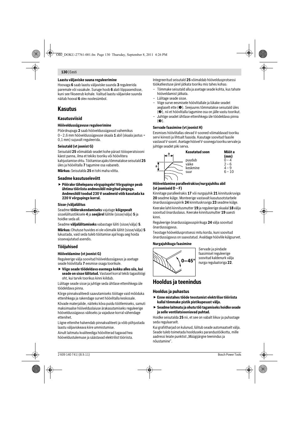 Kasutus, Hooldus ja teenindus | Bosch GHO 26-82 Professional User Manual | Page 130 / 142