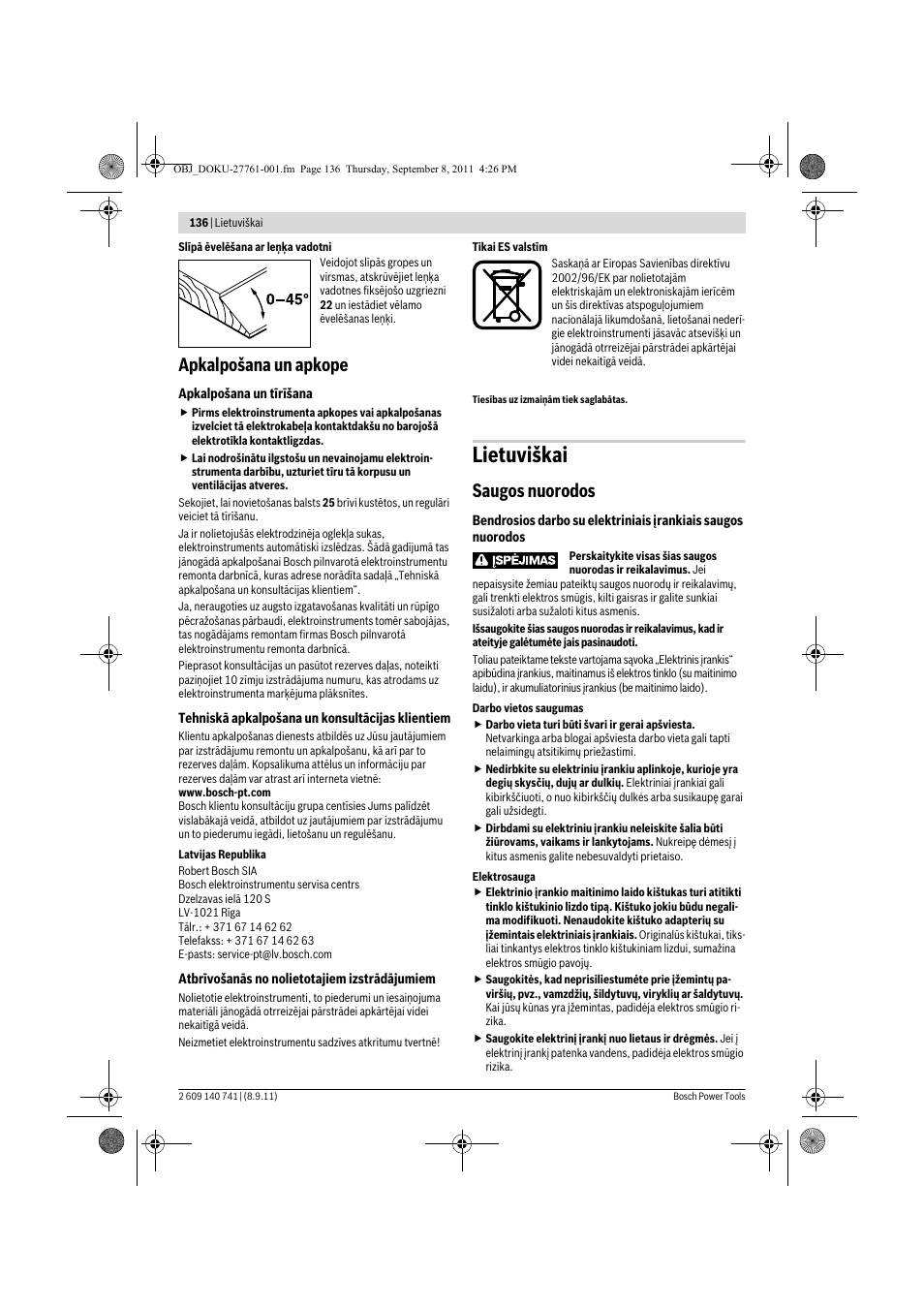 Lietuviškai, Apkalpošana un apkope, Saugos nuorodos | Bosch GHO 26-82 Professional User Manual | Page 136 / 142