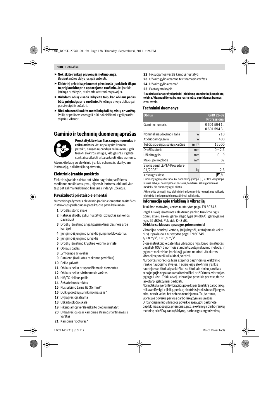 Gaminio ir techninių duomenų aprašas | Bosch GHO 26-82 Professional User Manual | Page 138 / 142