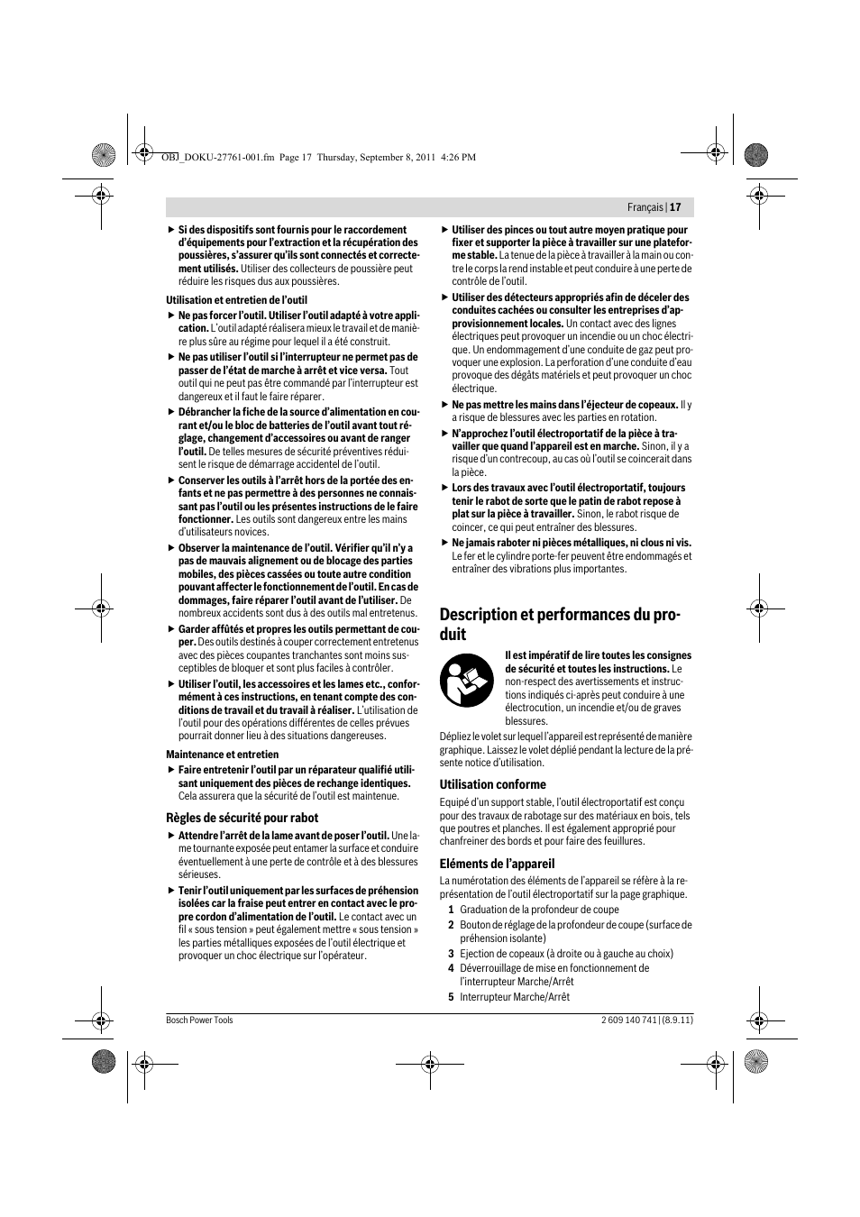 Description et performances du pro- duit | Bosch GHO 26-82 Professional User Manual | Page 17 / 142