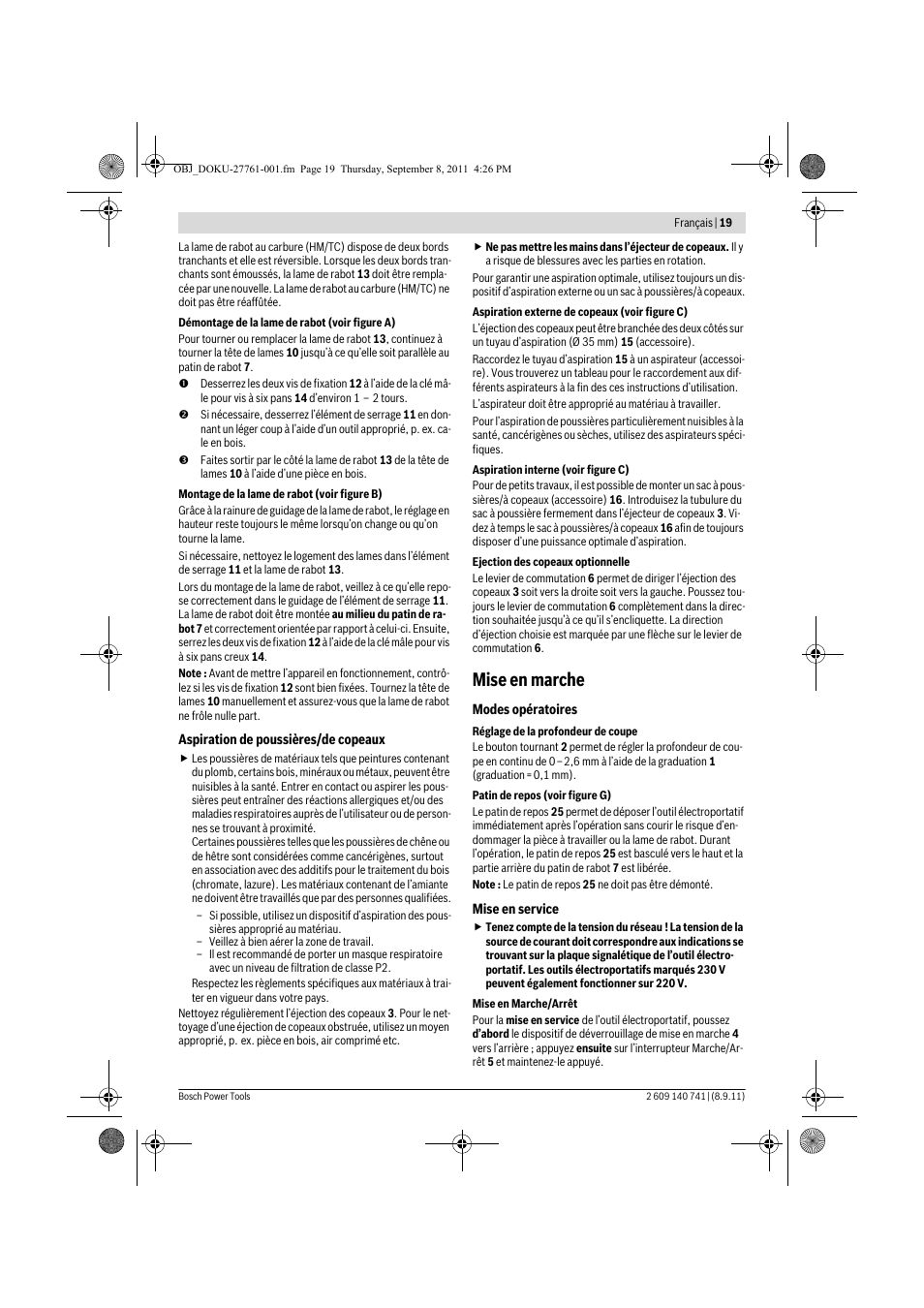 Mise en marche | Bosch GHO 26-82 Professional User Manual | Page 19 / 142