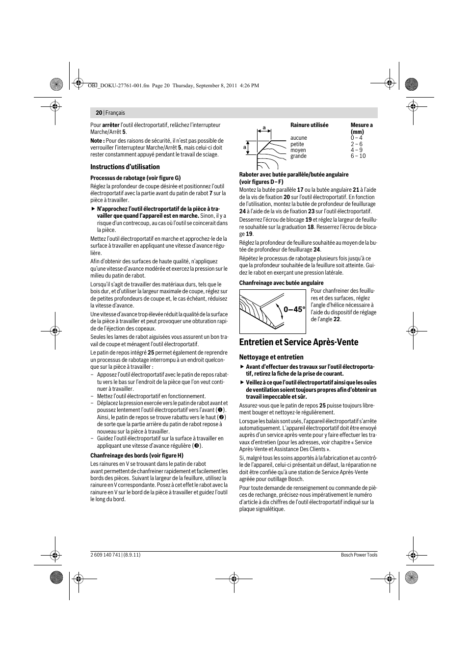 Entretien et service après-vente | Bosch GHO 26-82 Professional User Manual | Page 20 / 142
