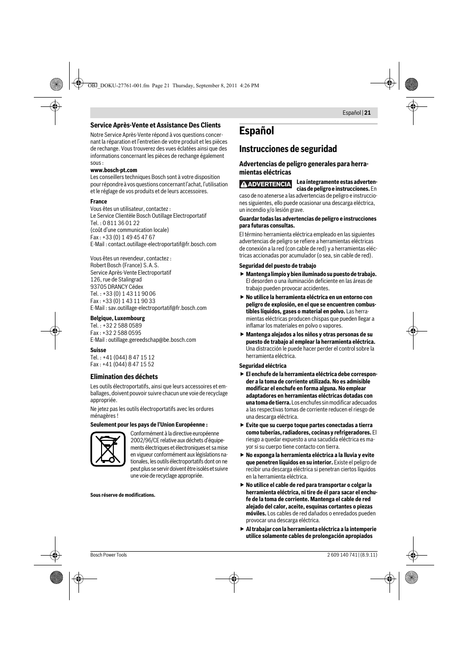 Español, Instrucciones de seguridad | Bosch GHO 26-82 Professional User Manual | Page 21 / 142