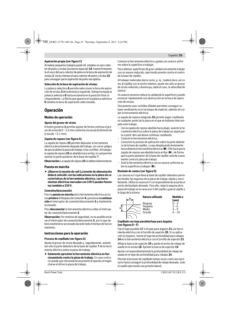 Operación | Bosch GHO 26-82 Professional User Manual | Page 25 / 142