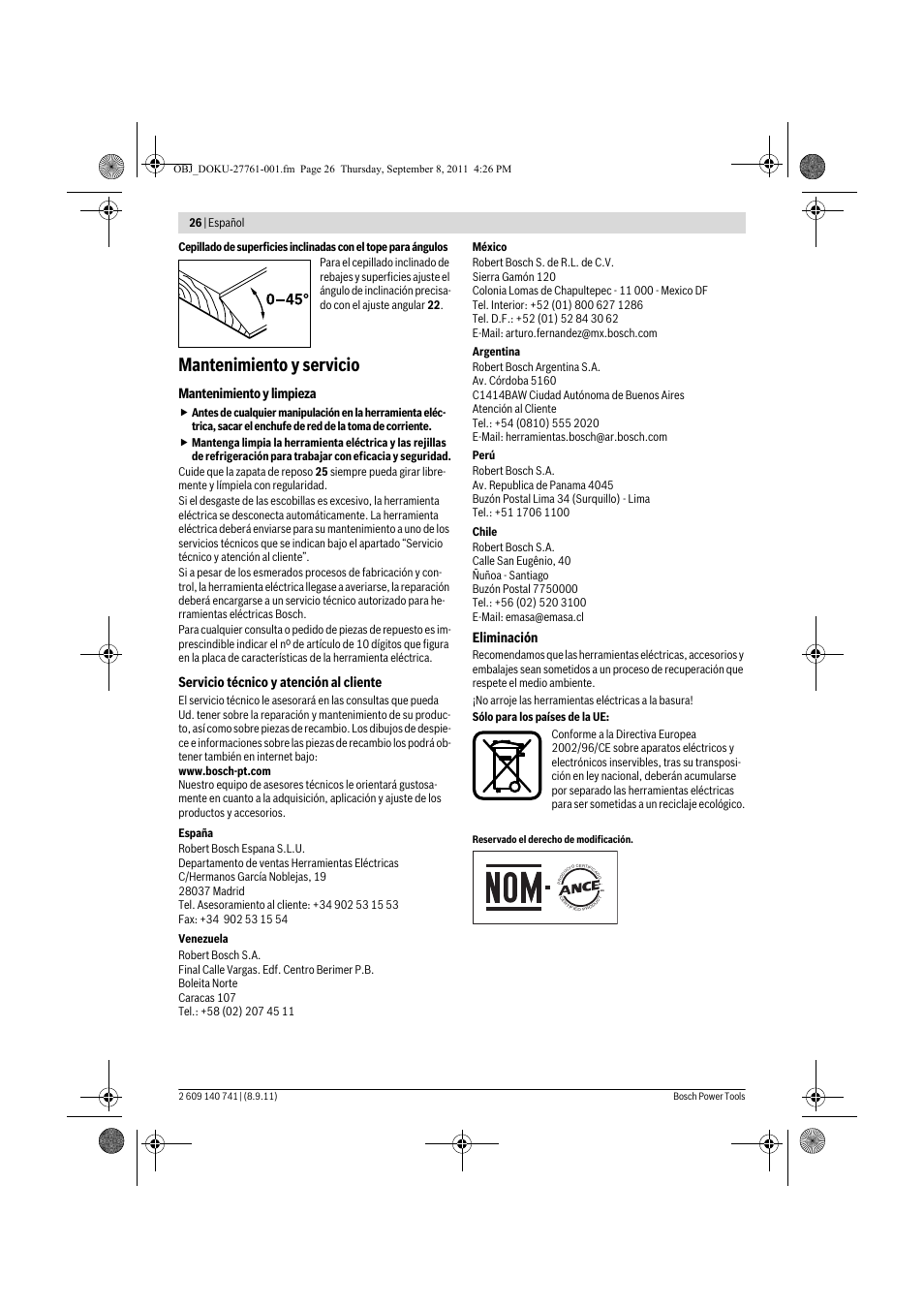 Mantenimiento y servicio, Mantenimiento y limpieza, Servicio técnico y atención al cliente | Eliminación | Bosch GHO 26-82 Professional User Manual | Page 26 / 142