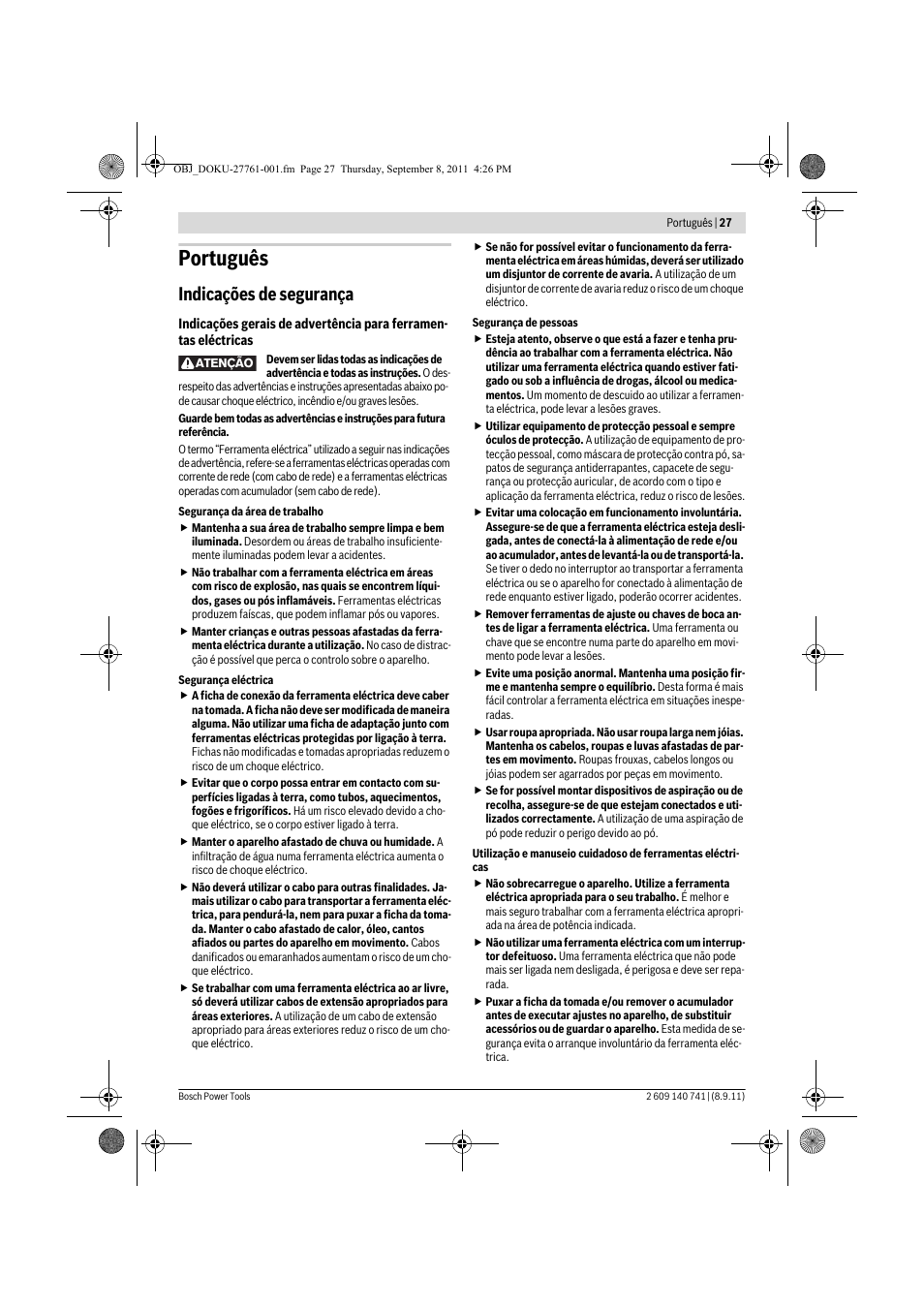Português, Indicações de segurança | Bosch GHO 26-82 Professional User Manual | Page 27 / 142