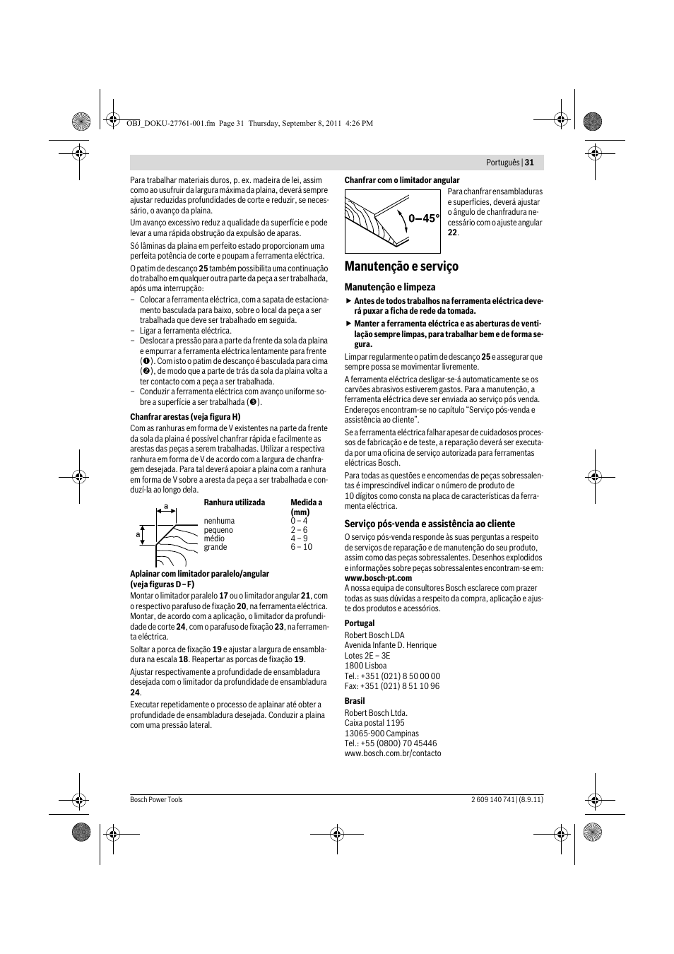Manutenção e serviço | Bosch GHO 26-82 Professional User Manual | Page 31 / 142