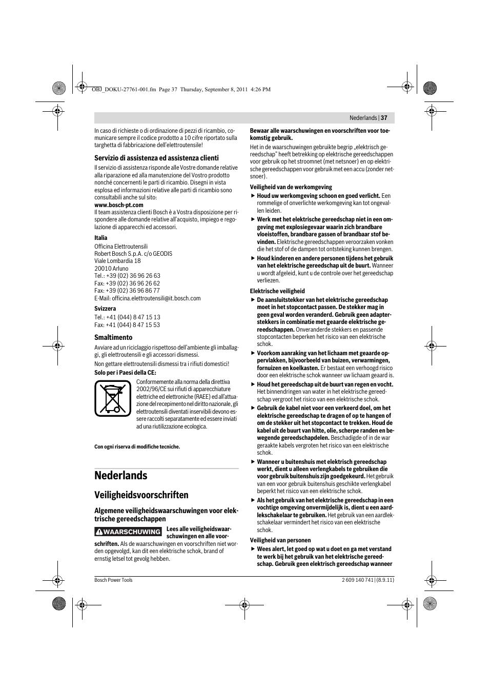 Nederlands, Veiligheidsvoorschriften | Bosch GHO 26-82 Professional User Manual | Page 37 / 142