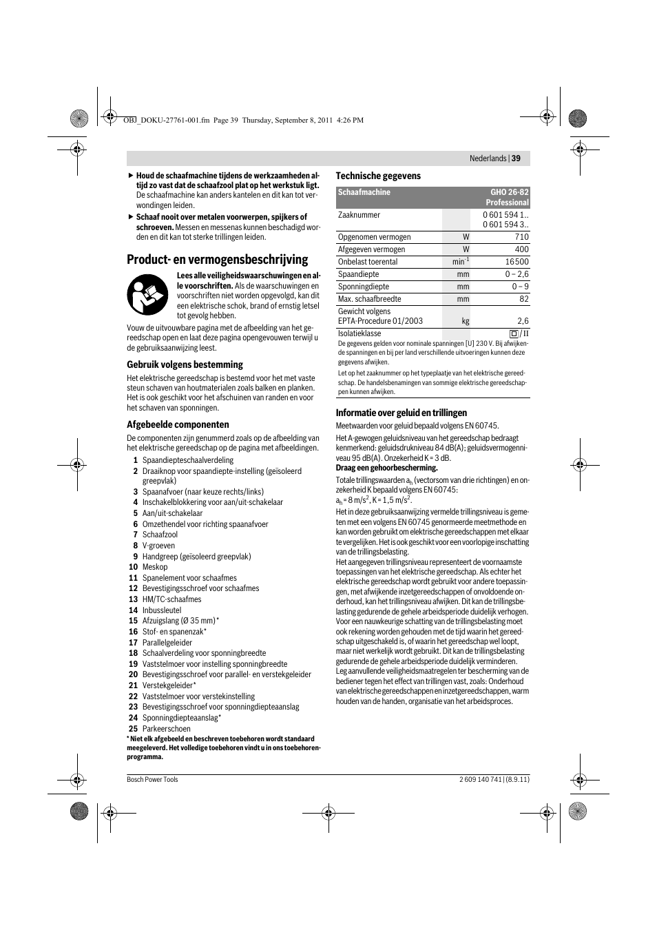 Product- en vermogensbeschrijving | Bosch GHO 26-82 Professional User Manual | Page 39 / 142