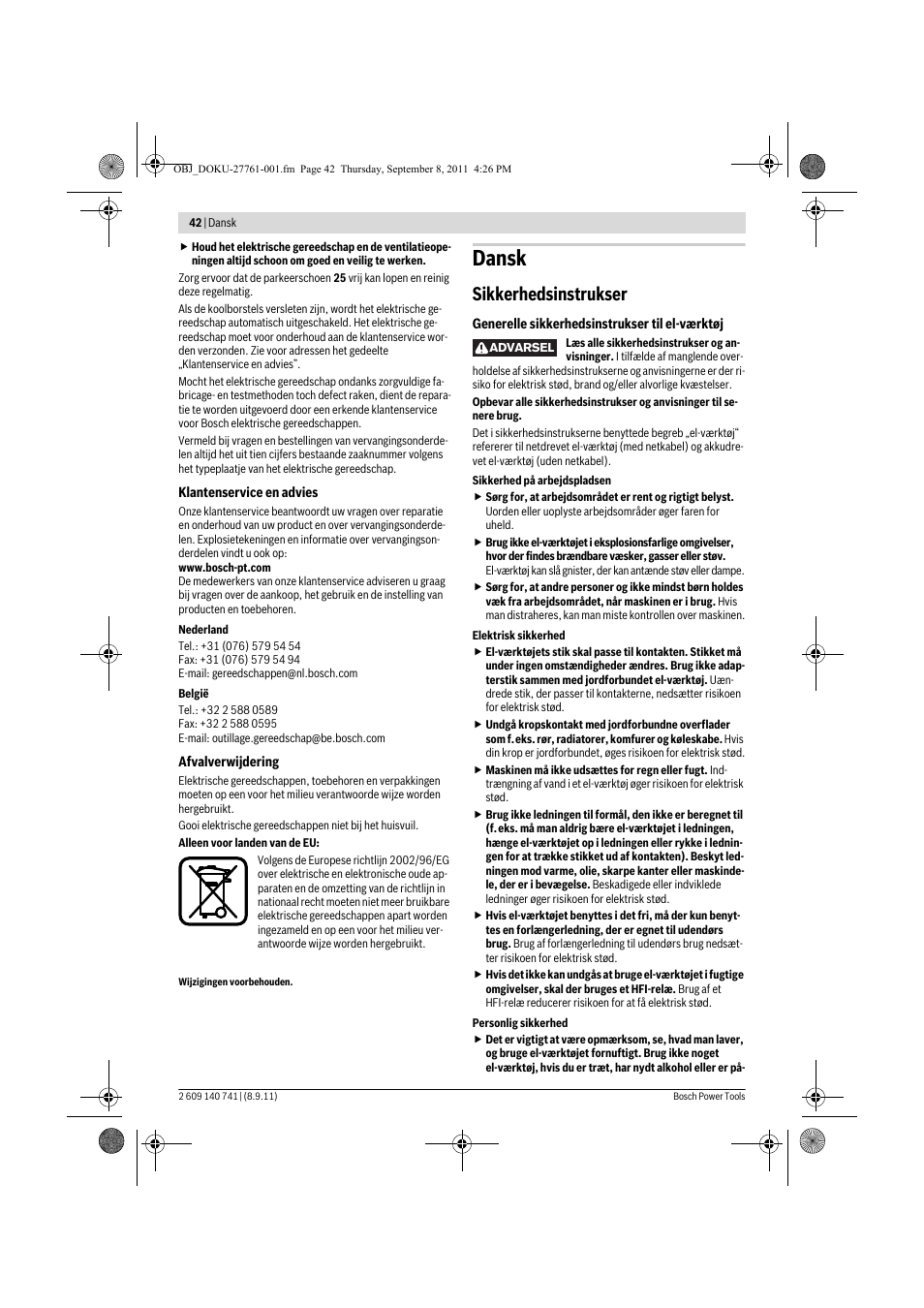 Dansk, Sikkerhedsinstrukser | Bosch GHO 26-82 Professional User Manual | Page 42 / 142