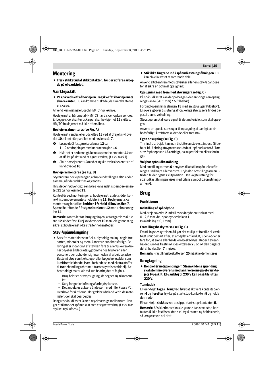 Montering, Brug | Bosch GHO 26-82 Professional User Manual | Page 45 / 142