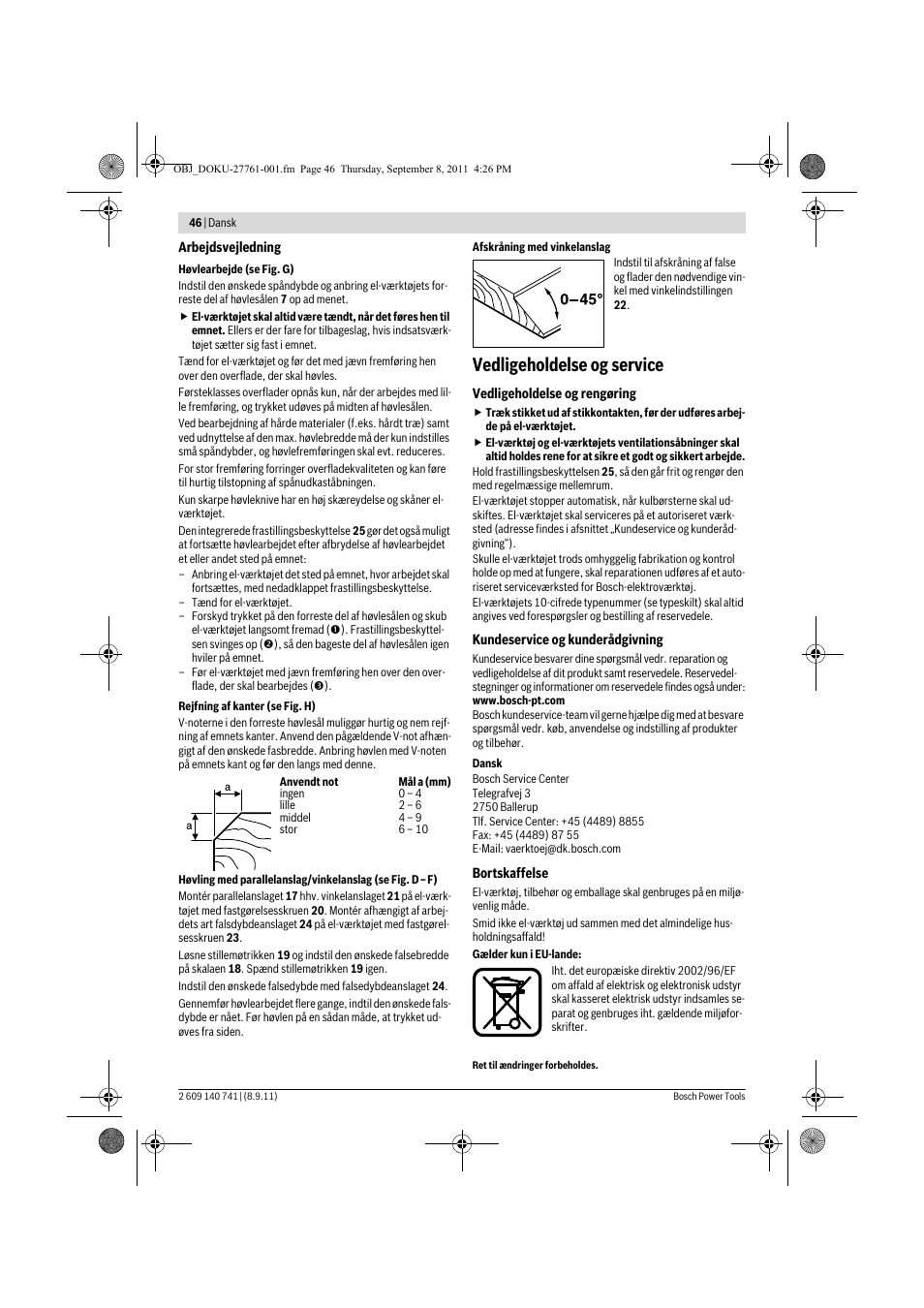 Vedligeholdelse og service | Bosch GHO 26-82 Professional User Manual | Page 46 / 142