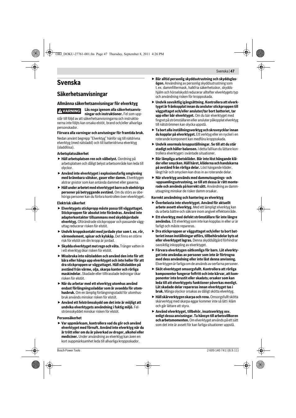 Svenska, Säkerhetsanvisningar | Bosch GHO 26-82 Professional User Manual | Page 47 / 142
