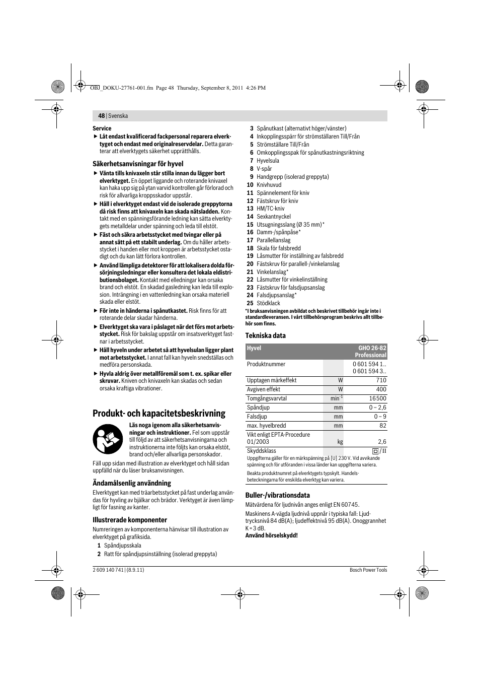 Produkt- och kapacitetsbeskrivning | Bosch GHO 26-82 Professional User Manual | Page 48 / 142