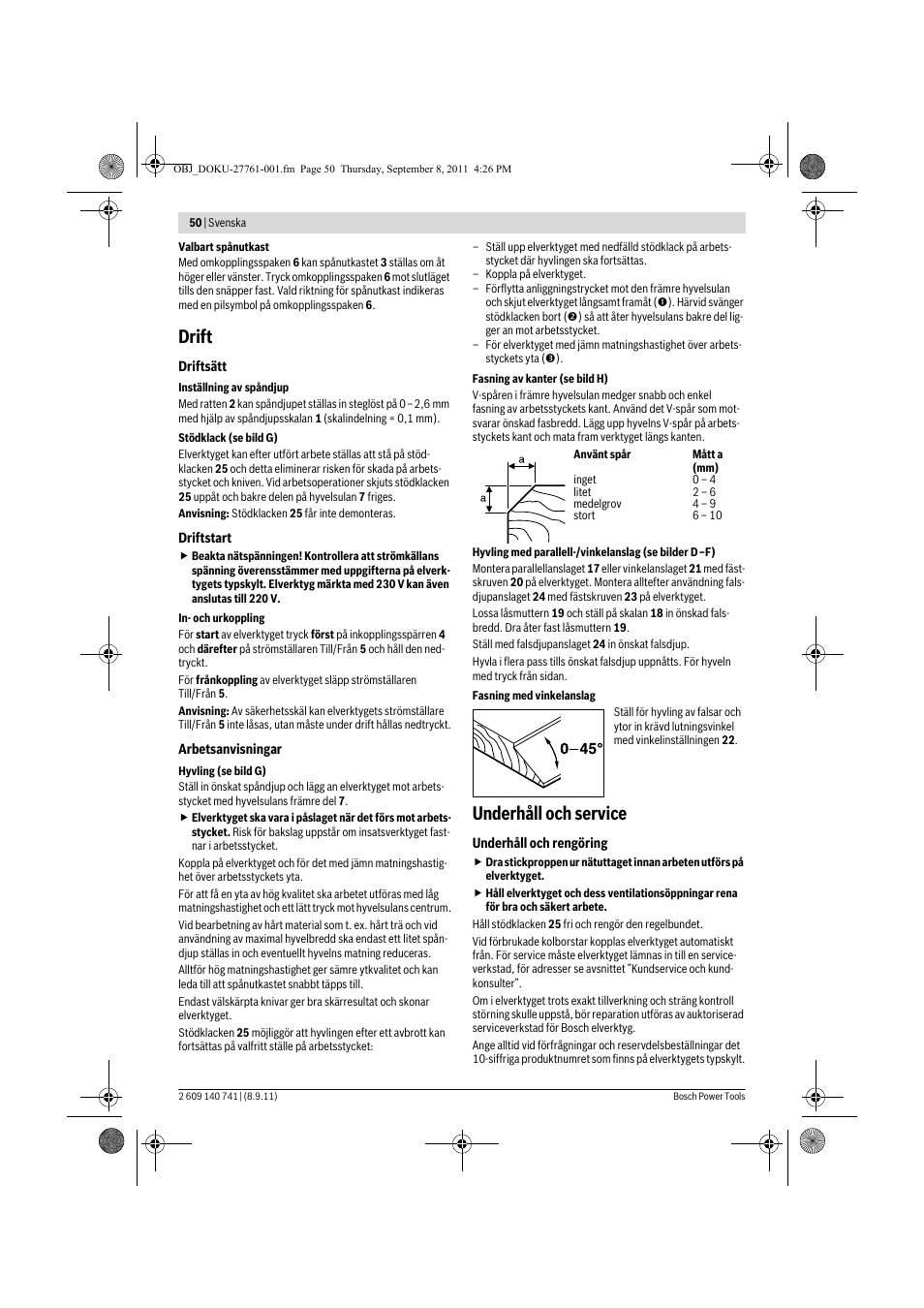 Drift, Underhåll och service | Bosch GHO 26-82 Professional User Manual | Page 50 / 142