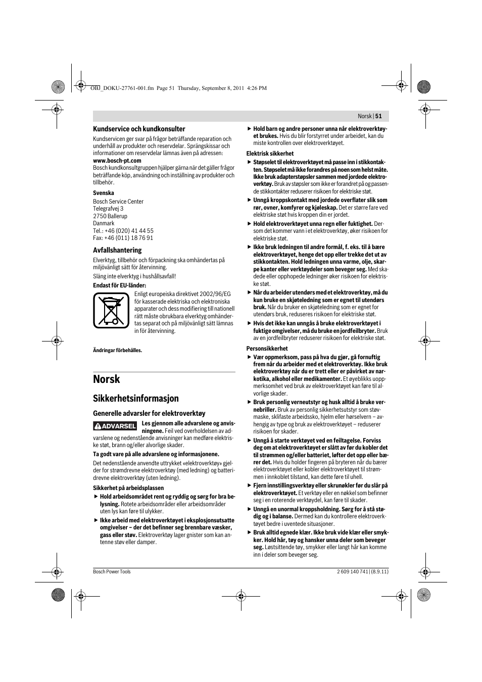 Norsk, Sikkerhetsinformasjon | Bosch GHO 26-82 Professional User Manual | Page 51 / 142
