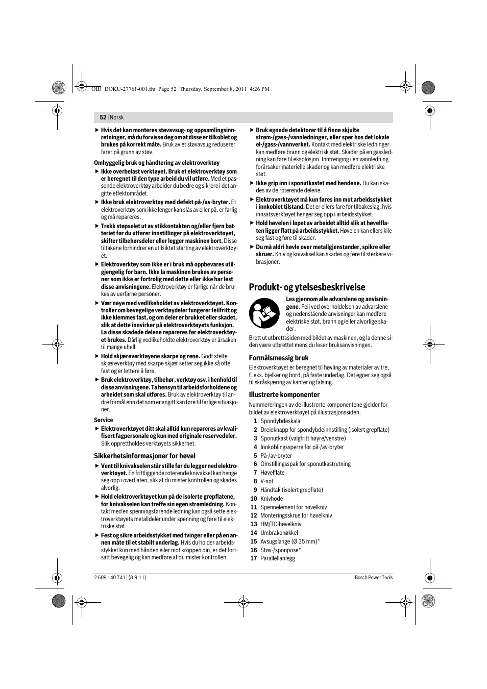 Produkt- og ytelsesbeskrivelse | Bosch GHO 26-82 Professional User Manual | Page 52 / 142