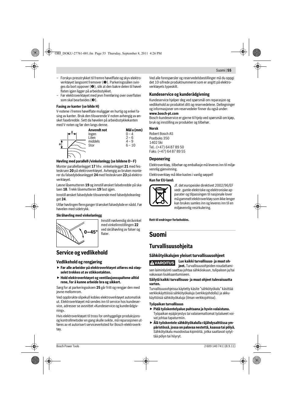 Suomi, Service og vedlikehold, Turvallisuusohjeita | Bosch GHO 26-82 Professional User Manual | Page 55 / 142