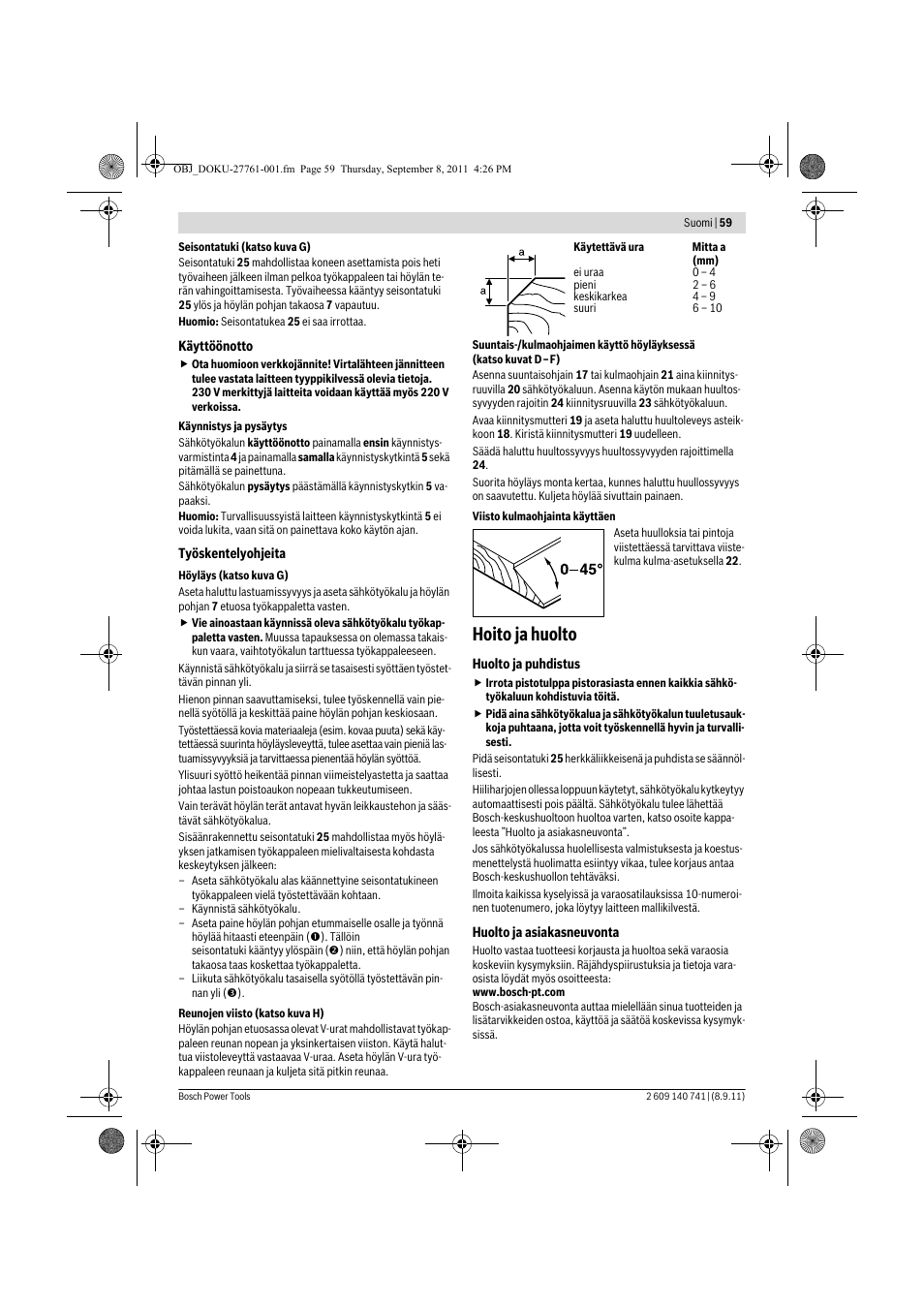 Hoito ja huolto | Bosch GHO 26-82 Professional User Manual | Page 59 / 142