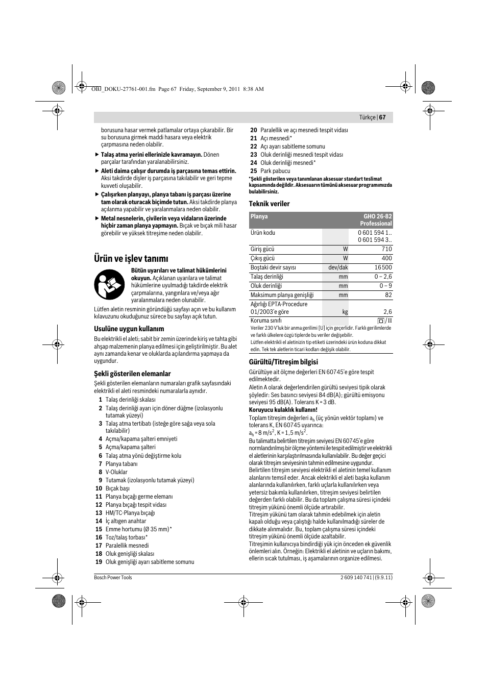 Ürün ve işlev tan m | Bosch GHO 26-82 Professional User Manual | Page 67 / 142