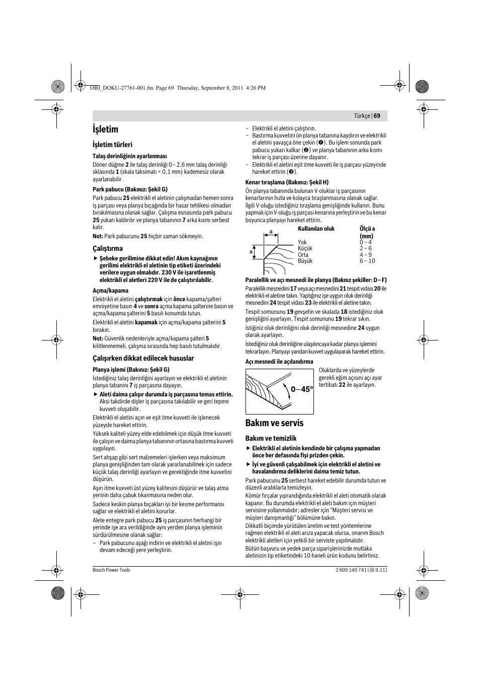 Işletim, Bak m ve servis | Bosch GHO 26-82 Professional User Manual | Page 69 / 142